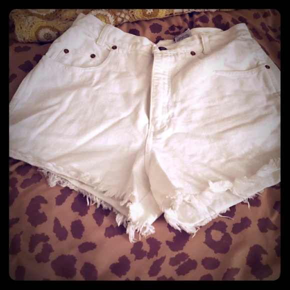 High Waist White  Raw Cut Denim Shorts - Picture 1 of 9